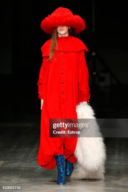 Model walks the runway at the Angel Chen show during Milan Fashion Week Fall/Winter 2018/19 on February 21, 2018 in Milan, Italy.