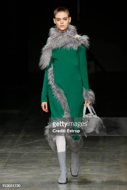 Model walks the runway at the Angel Chen show during Milan Fashion Week Fall/Winter 2018/19 on February 21, 2018 in Milan, Italy.