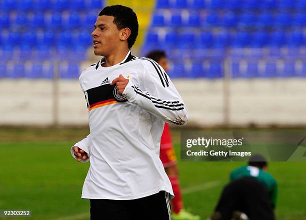 Shawn Parker of Germany celebrates his score against Macedonia during the U17 Euro qualifying match between Germany and Macedonia at the City stadium...