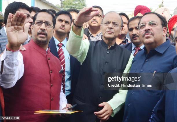 Union Finance Minister Arun Jaitley along with Rajya Sabha member Shwait Malik and Former Punjab Local Bodies Minister Anil Joshi at Radha Krishna...