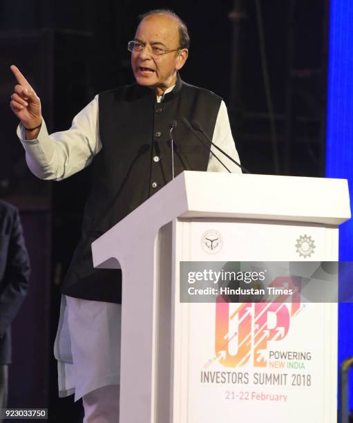 Finance Minister Arun Jaitly speaks on the final day of the Uttar Pradesh Investors Summit-2018 at the Indira Gandhi Pratishthan on February 21, 2018...