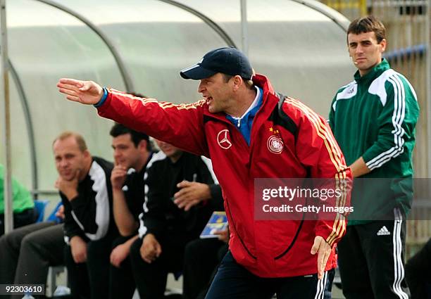 Germany head coach Stefan Borger reacts during the match against Macedonia during the U17 Euro qualifying match between Germany and Macedonia at the...