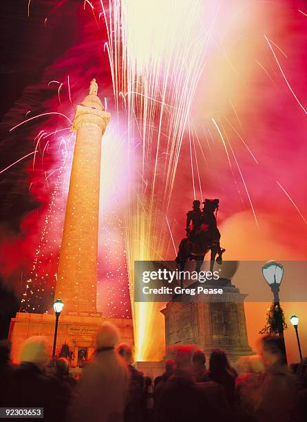 baltimore's washington monument with fireworks - washington monument stock pictures, royalty-free photos & images