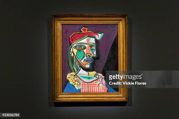 Femme Au Beret Et a La Robe Quadrillee - Marie-Therese Walter, by Pablo Picasso is displayed, on February 22nd, 2018 at the preview for Sotheby's...