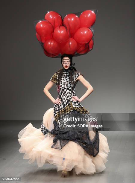 Model walks the runway at the Matty Bovan Show during London Fashion Week February 2018 at BFC Show Space.