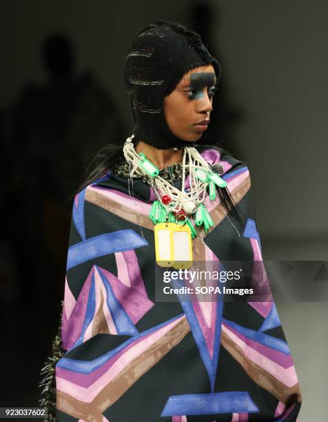 Model walks the runway at the Matty Bovan Show during London Fashion Week February 2018 at BFC Show Space.