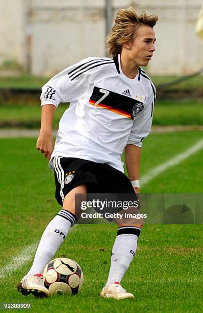 Germany player controls the ball against Macedonia during the U17 Euro qualifying match between Germany and Macedonia at the City stadium on October...