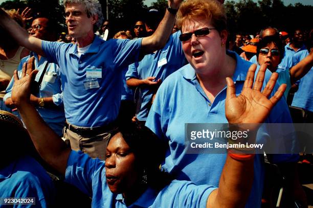 Jun 2005, Queens, New York, USA - Attendees of the Reverend Billy Graham's New York Crusade at Flushing Meadows Park in New York. Graham has preached...