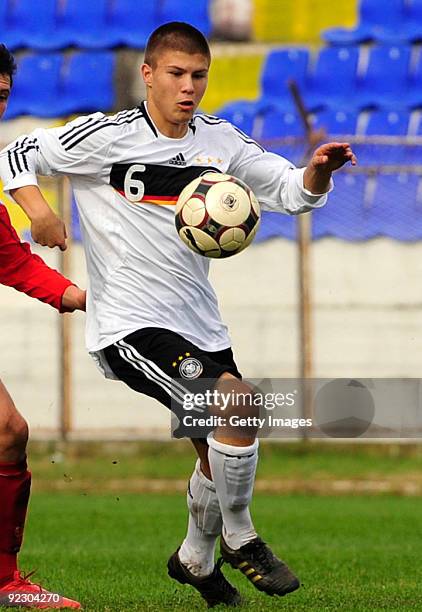 Germany player Vladimir Rankovic controls the ball against Macedonia during the U17 Euro qualifying match between Germany and Macedonia at the City...