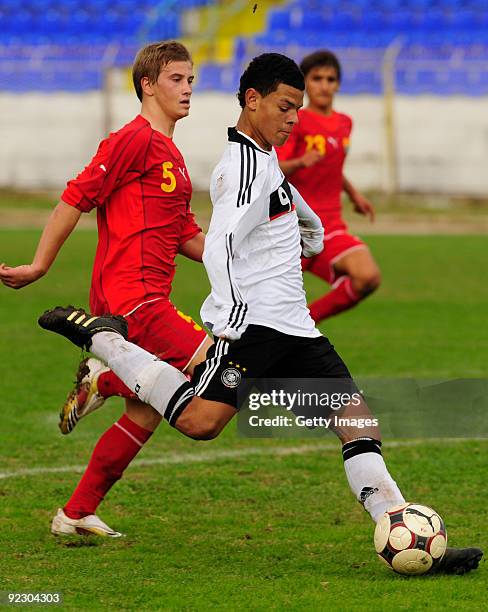 Germany player Shawan Parker controls the ball against Macedonia during the U17 Euro qualifying match between Germany and Macedonia at the City...