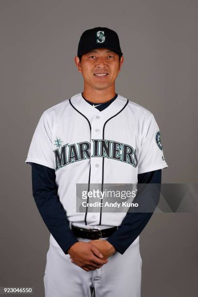 Hisashi Iwakuma of the Seattle Mariners poses during Photo Day on Wednesday, February 21, 2018 at Peoria Sports Complex in Peoria, Arizona.
