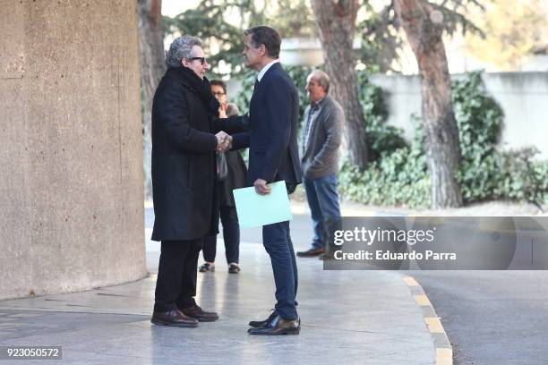 Singer Miguel Rios and Juan Fernando Lopez Aguilar visit Antonio Fraguas Forges funeral chapel on February 22, 2018 in Madrid, Spain.