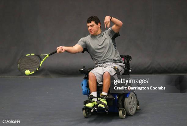 Richard Green of Great Britain during day 2 of the 2018 Bolton Indoor Wheelchair Tennis Tournament at Bolton Arena on February 22, 2018 in Bolton,...