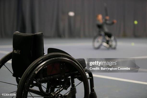 Lauren James of Great Britain warms up during day 2 of the 2018 Bolton Indoor Wheelchair Tennis Tournament at Bolton Arena on February 22, 2018 in...