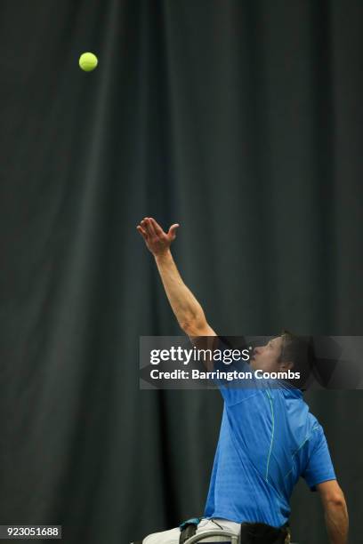 Gaetan Menguy of France during day 2 of the 2018 Bolton Indoor Wheelchair Tennis Tournament at Bolton Arena on February 22, 2018 in Bolton, England.