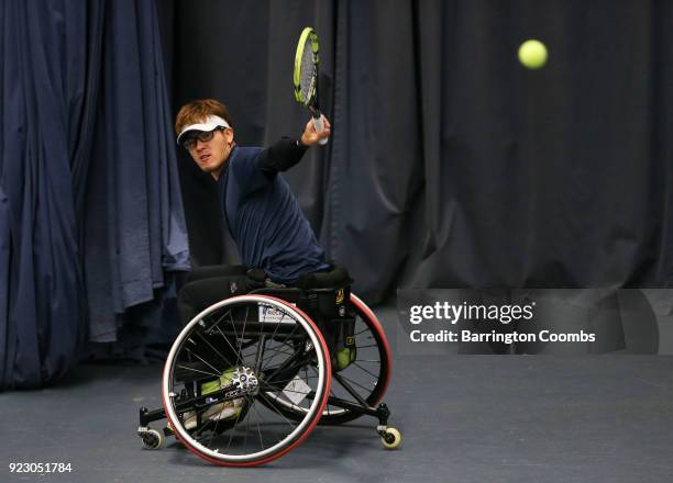 Koji Sugeno of Japan during day 2 of the 2018 Bolton Indoor Wheelchair Tennis Tournament at Bolton Arena on February 22, 2018 in Bolton, England.