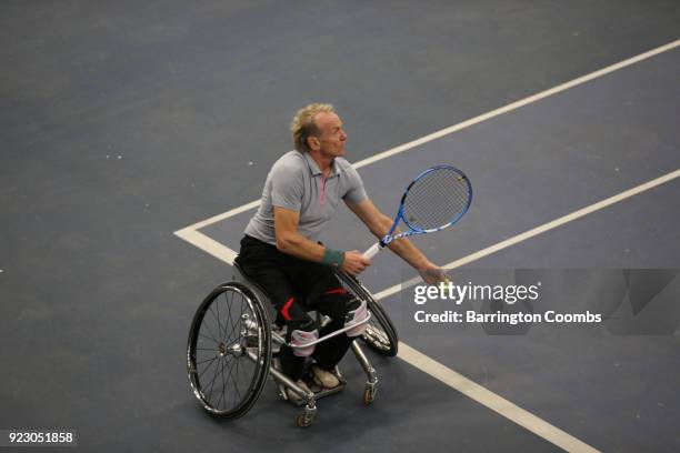 Martin Legner of Austria in action during day 2 of the 2018 Bolton Indoor Wheelchair Tennis Tournament at Bolton Arena on February 22, 2018 in...