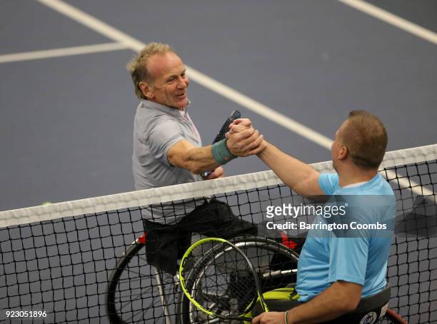 Martin Legner of Austria celebrates winning against Maikel Scheffers during day 2 of the 2018 Bolton Indoor Wheelchair Tennis Tournament at Bolton...