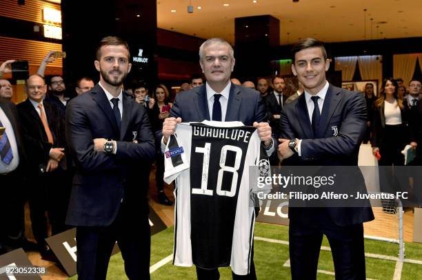 Miralem Pjanic of Juventus, Ricardo Guadalupe CEO of Hublot and Paulo Dybala of Juventus during Hublot Event For Juventus at Allianz Stadium on...