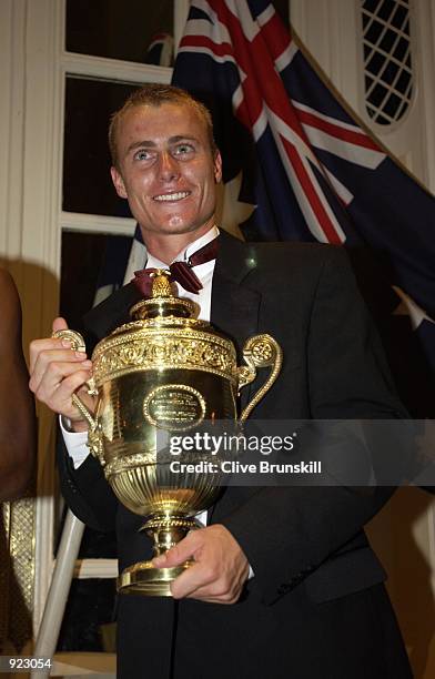 Wimbledon Champion Lleyton Hewitt of Australia with his trophy at the All England Lawn Tennis and Croquet Club Champions Dinner at the Savoy Hotel...