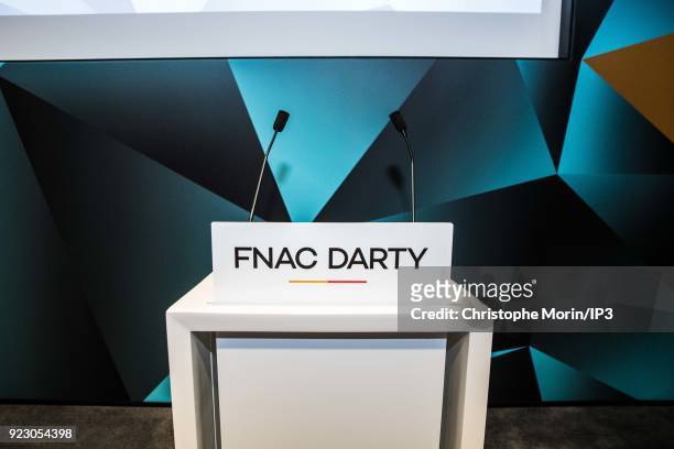 The logo of Fnac Darty is seen during a news conference to announce the company's 2017 annual results presentation on February 22, 2018 in Paris,...