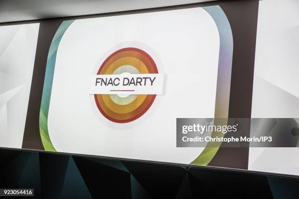 The logo of Fnac Darty is seen during a news conference to announce the company's 2017 annual results presentation on February 22, 2018 in Paris,...