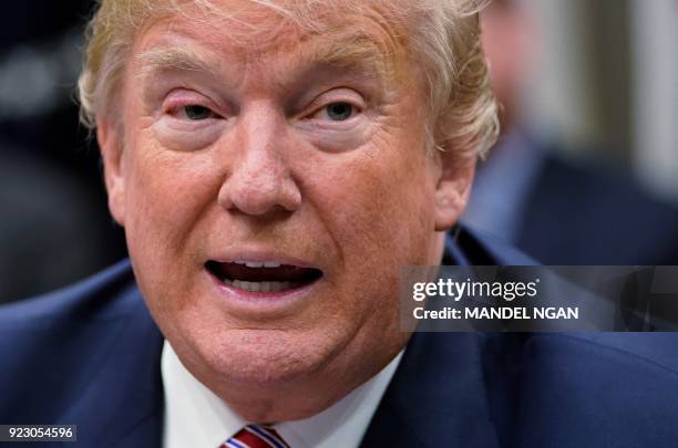 President Donald Trump speaks during a meeting with state and local officials on school safety in the Roosevelt Room of the White House on February...