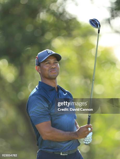 Tiger Woods of the United States hits his tee shot on the 14th hole during the first round of the 2018 Honda Classic on The Champions Course at PGA...