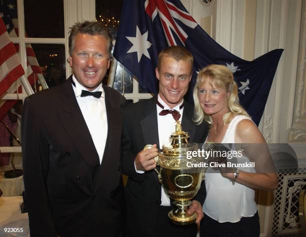 Wimbledon Champion Lleyton Hewitt of Australia celebrates with his parents at the All England Lawn Tennis and Croquet Club Champions Dinner at the...