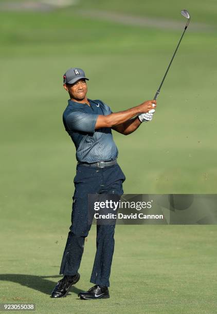 Tiger Woods of the United States plays his second shot on the 13th hole during the first round of the 2018 Honda Classic on The Champions Course at...