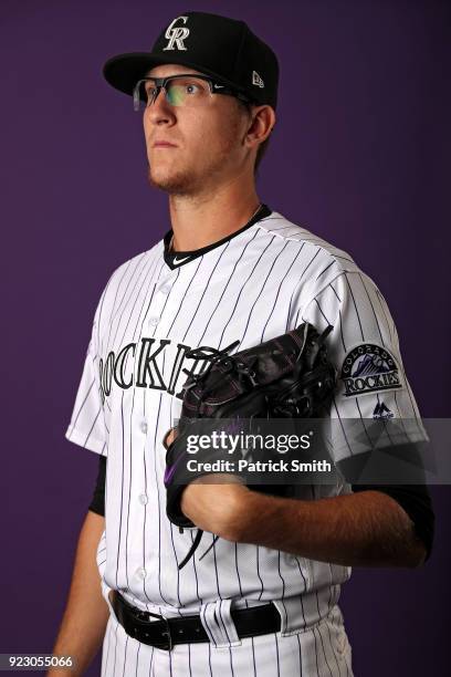 Jeff Hoffman of the Colorado Rockies poses on photo day during MLB Spring Training at Salt River Fields at Talking Stick on February 22, 2018 in...