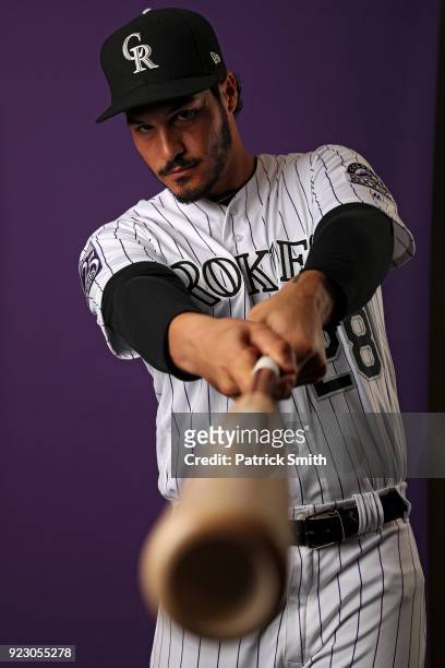 Nolan Arenado of the Colorado Rockies poses on photo day during MLB Spring Training at Salt River Fields at Talking Stick on February 22, 2018 in...