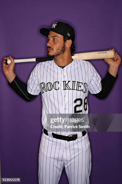 Nolan Arenado of the Colorado Rockies poses on photo day during MLB Spring Training at Salt River Fields at Talking Stick on February 22, 2018 in...