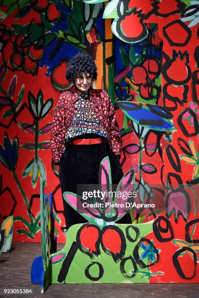 Benedetta Barzini walks the runway at the Daniela Gregis show during Milan Fashion Week Fall/Winter 2018/19 on February 22, 2018 in Milan, Italy.
