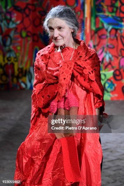 Benedetta Barzini walks the runway at the Daniela Gregis show during Milan Fashion Week Fall/Winter 2018/19 on February 22, 2018 in Milan, Italy.