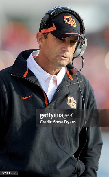 Head coach Mike Riley of the Oregon State Beavers looks out at the action on the field in the third quarter of the game against the Stanford Cardinal...