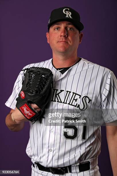 Jake McGee of the Colorado Rockies poses on photo day during MLB Spring Training at Salt River Fields at Talking Stick on February 22, 2018 in...