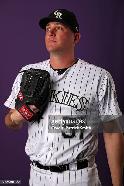Jake McGee of the Colorado Rockies poses on photo day during MLB Spring Training at Salt River Fields at Talking Stick on February 22, 2018 in...