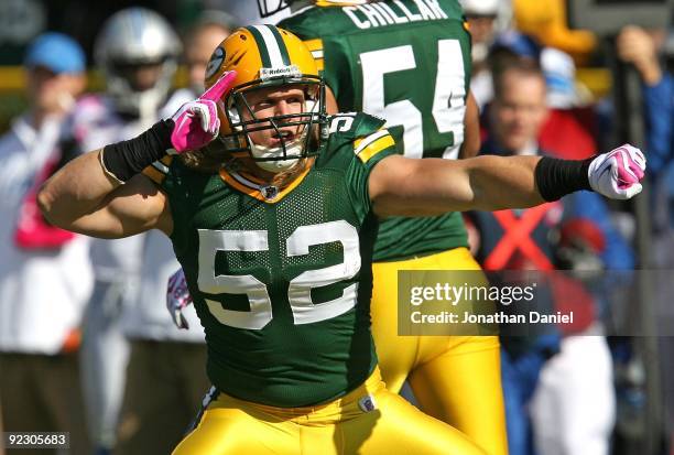 Clay Matthews of the Green Bay Packers celebrates a sack against the Detroit Lions at Lambeau Field on October 18, 2009 in Green Bay, Wisconsin. The...