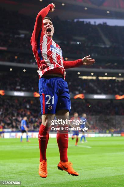 Kevin Gameiro of Athletico Madrid celebrates scoring the first goal during UEFA Europa League Round of 32 match between Atletico Madrid and FC...