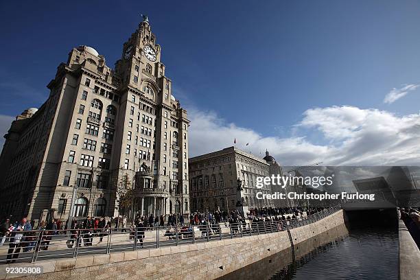 General view of the refurbished water front showing the newly opened canal extension and The Liver Building on October 23, 2009 in Liverpool, England.