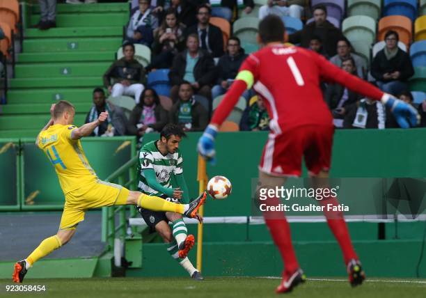 Sporting CP forward Bryan Ruiz from Costa Rica with FC Astana defender Igor Shitov from Bielorussia in action during the UEFA Europa League match...