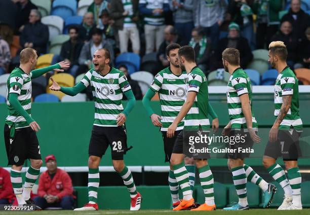 Sporting CP forward Bas Dost from Holland celebrates with teammate Sporting CP defender Jeremy Mathieu from France after scoring a goal during the...