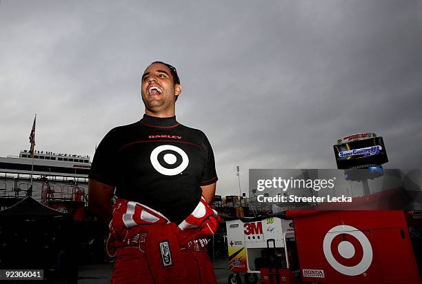 Juan Pablo Montoya, driver of the Target Chevrolet, walks in the garage area prior to practice for the NASCAR Sprint Cup Series TUMS Fast Relief 500...