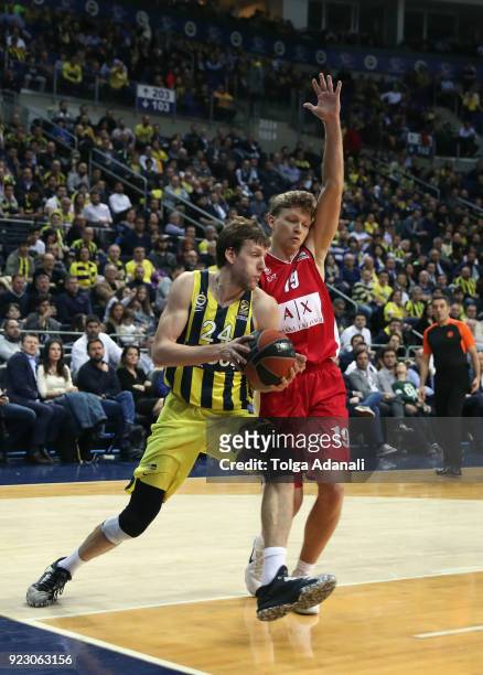 Jan Vesely, #24 of Fenerbahce Dogus in action with Kaleb Tarczewski, #15 of AX Armani Exchange Olimpia Milan during the 2017/2018 Turkish Airlines...