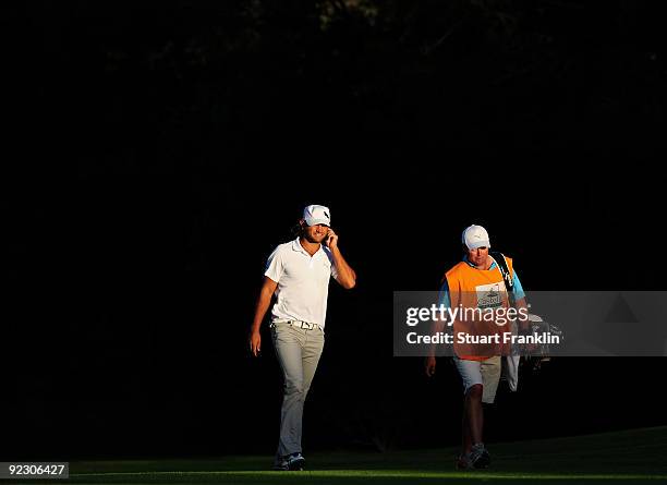 Johan Edfors of Sweden and caddie during the second round of the Castello Masters Costa Azahar at the Club de Campo del Mediterraneo on October 23,...