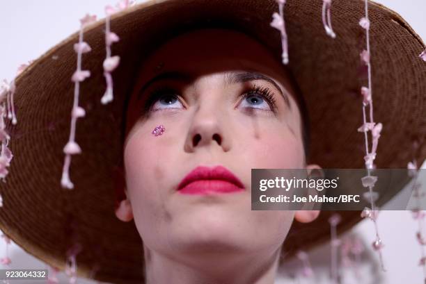 Model backstage prior to the Zandra Rhodes catwalk show during the London Fashion Week Festival 2018 held at 180 The Strand on February 22, 2018 in...