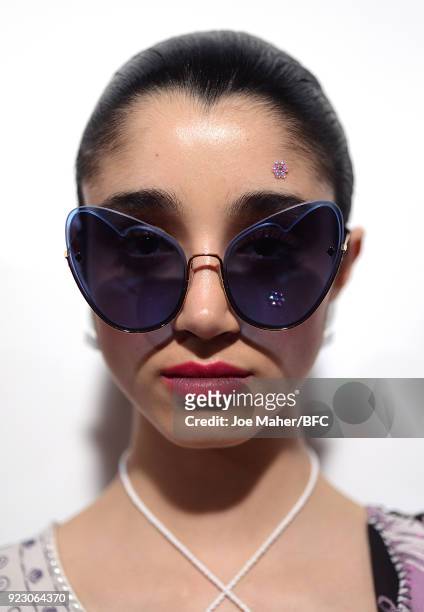 Model backstage prior to the Zandra Rhodes catwalk show during the London Fashion Week Festival 2018 held at 180 The Strand on February 22, 2018 in...
