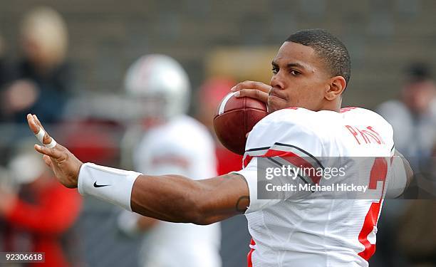 Quarterback Terrelle Pryor of the Ohio State Buckeyes warmups before the game against the Purdue Boilermakers at Ross-Ade Stadium on October 17, 2009...