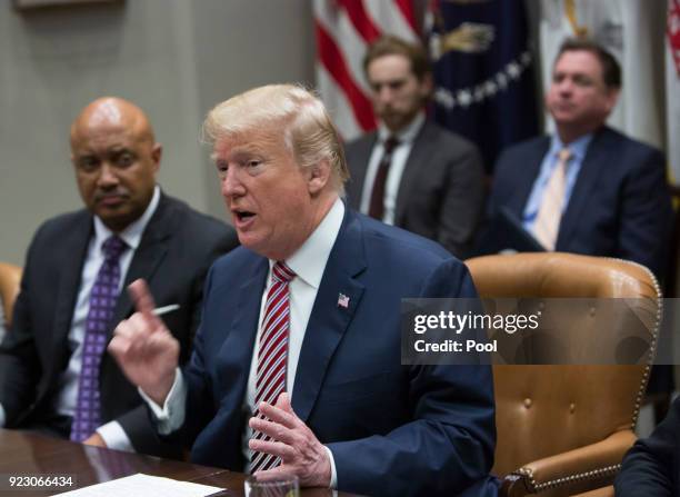 President Donald. J. Trump meets with state and local officials on school safety at The White House February 22, 2018 in Washington, DC. (Photo by...